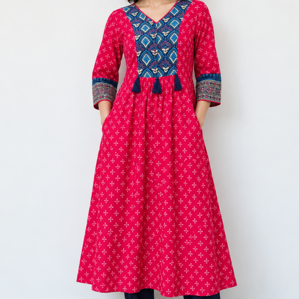Fuchsia Bloom — Premium Block Printed Flared Kurti