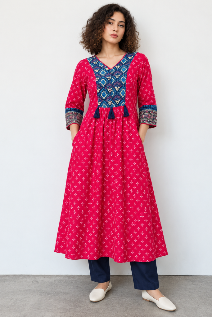 Fuchsia Bloom — Premium Block Printed Flared Kurti